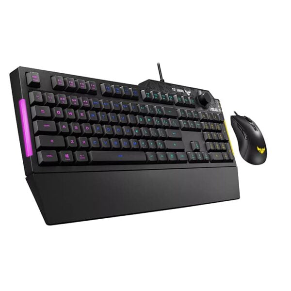 ASUS TUF Gaming K1 RGB keyboard with five-zone RGB, dedicated volume knob and spill-resistance, plus TUF Gaming M3 optical gaming mouse with 7000 dpi sensor, seven programmable buttons and Aura Sync lighting.