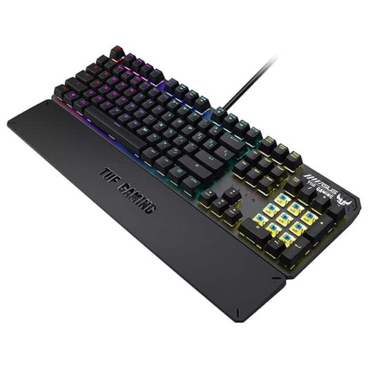 ASUS TUF Gaming K3 RGB mechanical keyboard with N-key rollover, combination media keys, USB 2.0 passthrough, aluminum-alloy top cover, wrist rest, eight programmable