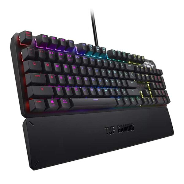 ASUS TUF Gaming K3 RGB mechanical keyboard with N-key rollover, combination media keys, USB 2.0 passthrough, aluminum-alloy top cover, wrist rest, eight programmable