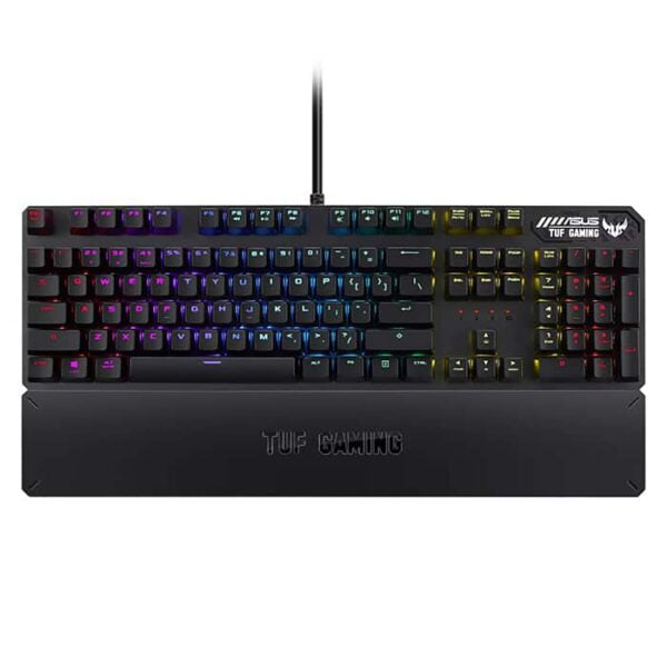 ASUS TUF Gaming K3 RGB mechanical keyboard with N-key rollover, combination media keys, USB 2.0 passthrough, aluminum-alloy top cover, wrist rest, eight programmable