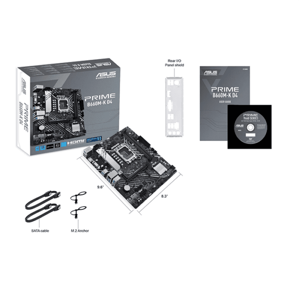 Asus Prime B660M-K D4 Intel® B660 (LGA 1700) mATX motherboard with PCIe® 4.0, two M.2 slots, DDR4, HDMI®, D-Sub, Realtek 1Gb Ethernet, front USB 3.2 Gen 1, ASUS Lighting Control