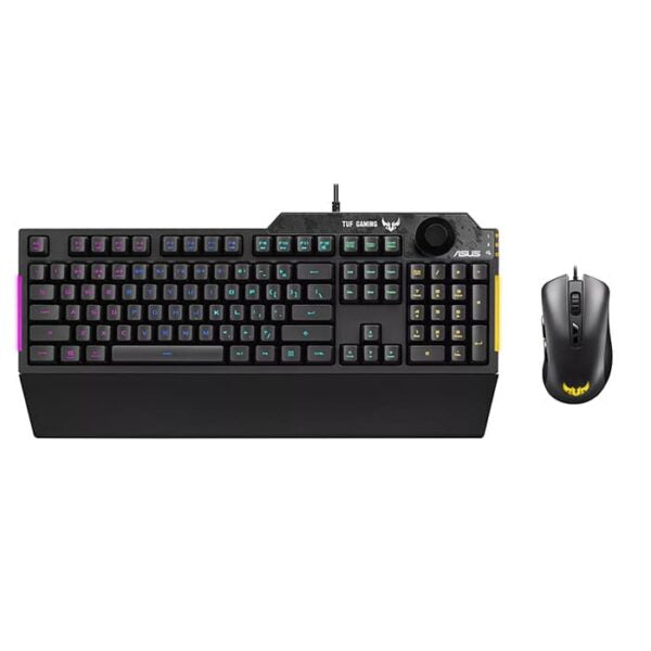 ASUS TUF Gaming K1 RGB keyboard with five-zone RGB, dedicated volume knob and spill-resistance, plus TUF Gaming M3 optical gaming mouse with 7000 dpi sensor, seven programmable buttons and Aura Sync lighting.