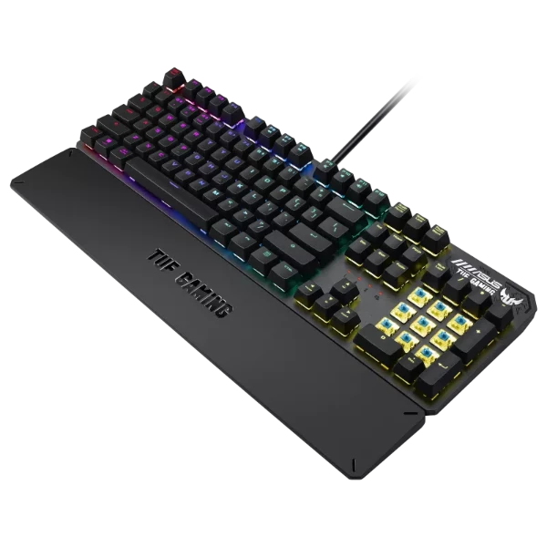 ASUS TUF Gaming K3 RGB mechanical keyboard with N-key rollover, combination media keys, USB 2.0 passthrough, aluminum-alloy top cover, wrist rest, eight programmable macro keys and Aura Sync lighting