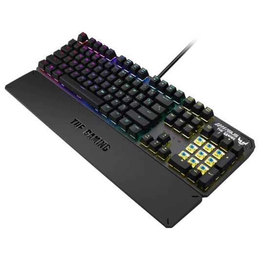 ASUS TUF Gaming K3 RGB mechanical keyboard with N-key rollover, combination media keys, USB 2.0 passthrough, aluminum-alloy top cover, wrist rest, eight programmable macro keys and Aura Sync lighting