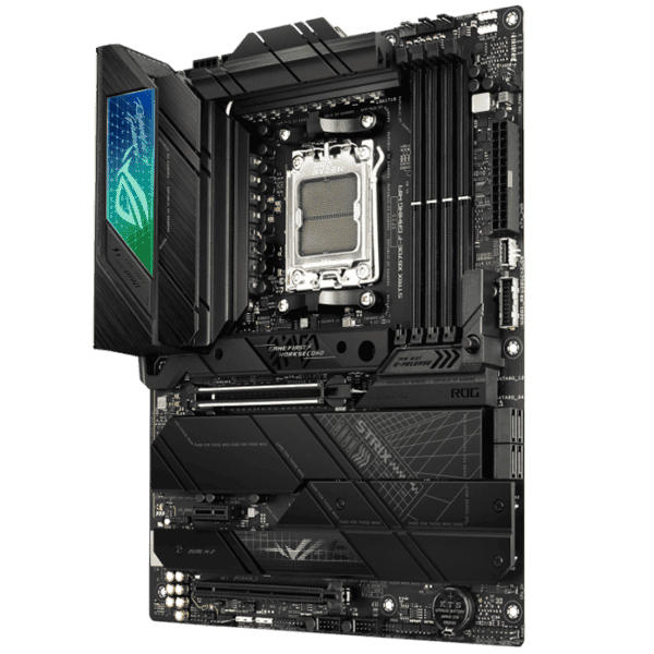 Asus Rog strix X670E-F Gaming WiFi AMD X670 ATX motherboard with 16 + 2 power stages, DDR5 support, one PCIe 5.0® x16 slot with Q-Release, four M.2 slots with heatsinks, PCIe 5.0 NVMe® SSD support