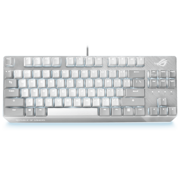 ROG Strix Scope NX TKL Moonlight White wired mechanical RGB gaming keyboard for FPS games, with ROG NX switches, aluminum frame, and Aura Sync lighting