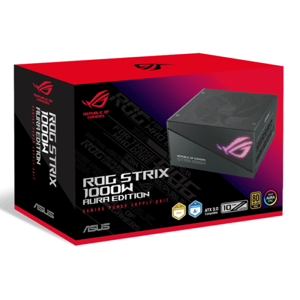 Asus ROG STRIX 1000W Aura Edition ATX Power Supply Unit, 80 PLUS Gold Certification, Full Modular, 135mm Axial-tech Fan, 0dB Technology, PCIe Gen 5.0, ARGB Lighting, Black