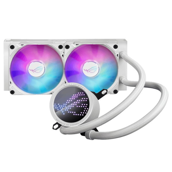 ASUS ROG Ryuo III 240 white edition all-in-one liquid CPU cooler with Asetek 8th gen pump solution, Anime Matrix LED Display and ROG ARGB cooling fans