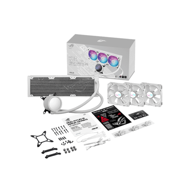ASUS ROG Ryuo III 360 white edition all-in-one liquid CPU cooler with Asetek 8th gen pump solution, Anime Matrix LED Display and ROG ARGB cooling fans