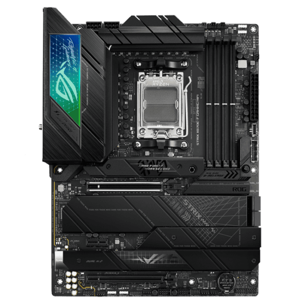 Asus Rog strix X670E-F Gaming WiFi AMD X670 ATX motherboard with 16 + 2 power stages, DDR5 support, one PCIe 5.0® x16 slot with Q-Release, four M.2 slots with heatsinks, PCIe 5.0 NVMe® SSD support