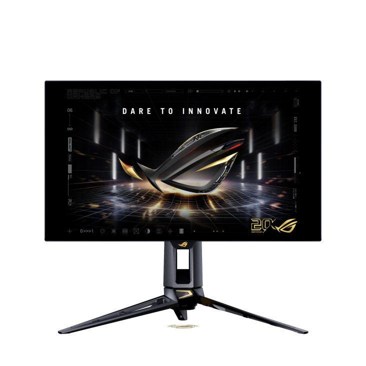 ASUS ROG Swift OLED Edition 20 monitor displaying gaming visuals on its 26.5-inch Tandem OLED screen