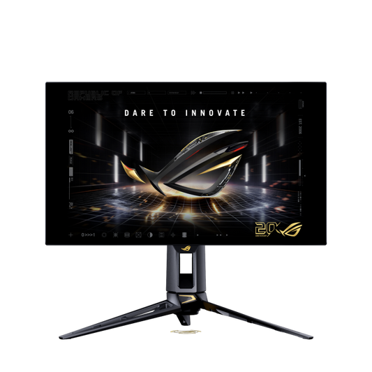 ASUS ROG Swift OLED Edition 20 monitor displaying gaming visuals on its 26.5-inch Tandem OLED screen
