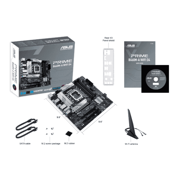 ASUS Prime B660M-A WiFi D4 Intel® B660 (LGA 1700) mATX motherboard with PCIe 4.0, two M.2 slots, Intel® 1Gb Ethernet, Intel® Wi-Fi 6 , DP,2 x HDMI® , rear USB 3.2 Gen 2, front USB 3.2 Gen 1 Type-C, Aura Sync
