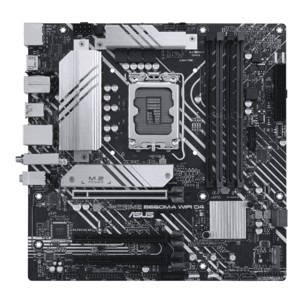 ASUS Prime B660M-A WiFi D4 Intel® B660 (LGA 1700) mATX motherboard with PCIe 4.0, two M.2 slots, Intel® 1Gb Ethernet, Intel® Wi-Fi 6 , DP,2 x HDMI® , rear USB 3.2 Gen 2, front USB 3.2 Gen 1 Type-C, Aura Sync