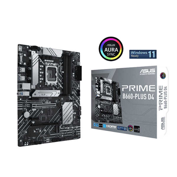 Asus Prime B660-PLUS D4 Intel® B660 (LGA 1700) ATX motherboarIntel® B660 (LGA 1700) ATX motherboard with 8 power stages, PCIe 4.0 slots, three M.2 slots, D-Sub, Aura Sync