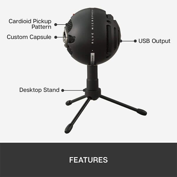 Logitech Blue Snowball Ice USB Microphone, 40-18 kHz Frequency Response, Cardioid Polar Patterns, USB Cable, For Recording / Streaming / Podcasting, Black
