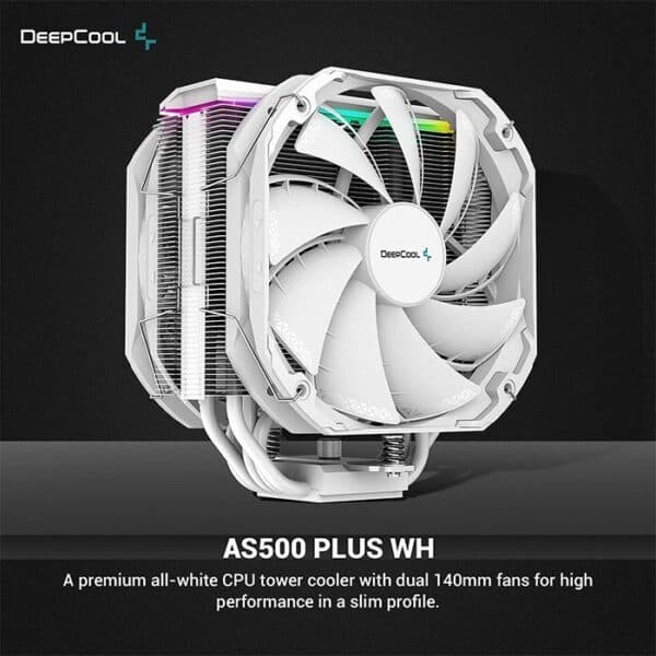 DeepCool AS500 Plus White CPU Air Cooler, Universal RAM Height Compatibility, Two 140mm PWM Fan, A-RGB Top Cover, 5 Heat Pipe Design for Intel Core/AMD Ryzen CPUs