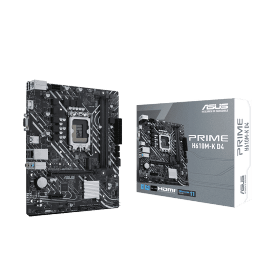 Asus Prime H610M-K D4Intel® H610 (LGA 1700) mic-ATX motherboard with DDR4, PCIe 4.0, M.2 slot, Realtek 1 Gb Ethernet, HDMI®, D-Sub, USB 3.2 Gen 1 ports, SATA 6 Gbps, COM header, RGB header