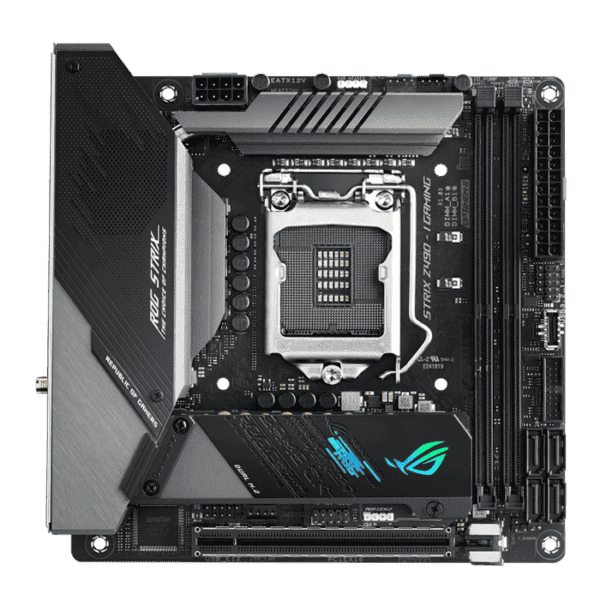 ASUS ROG Strix Z490-I Gaming Intel® Z490 LGA 1200 mini-ITX gaming motherboard featuring 10 Power Stages, DDR4 4800, AI Overclocking, AI Cooling, AI Networking, WiFi 6 (802.11ax), Intel® 2.5 Gb Ethernet, USB 3.2 Gen 2, SATA and AURA Sync RGB lighting