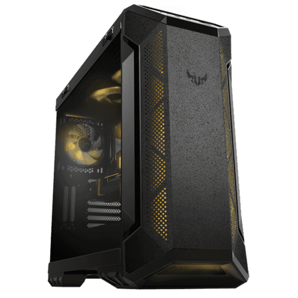 ASUS TUF Gaming GT501 case supports up to EATX with metal front panel, tempered-glass side panel, 120 mm RGB fan, 140 mm PWM fan, radiator space reserved, and USB 3.1 Gen 1