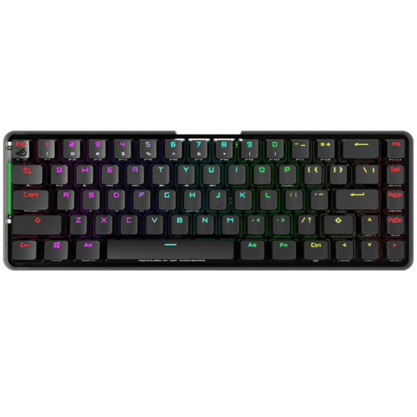 ROG Falchion 65% wireless mechanical gaming keyboard with 68 keys, wireless Aura Sync lighting, interactive touch panel, keyboard cover case, Cherry MX switches, and up to 450-hour battery life