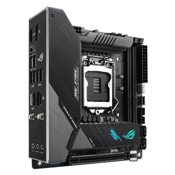 ASUS ROG Strix Z490-I Gaming Intel® Z490 LGA 1200 mini-ITX gaming motherboard featuring 10 Power Stages, DDR4 4800, AI Overclocking, AI Cooling, AI Networking, WiFi 6 (802.11ax), Intel® 2.5 Gb Ethernet, USB 3.2 Gen 2, SATA and AURA Sync RGB lighting