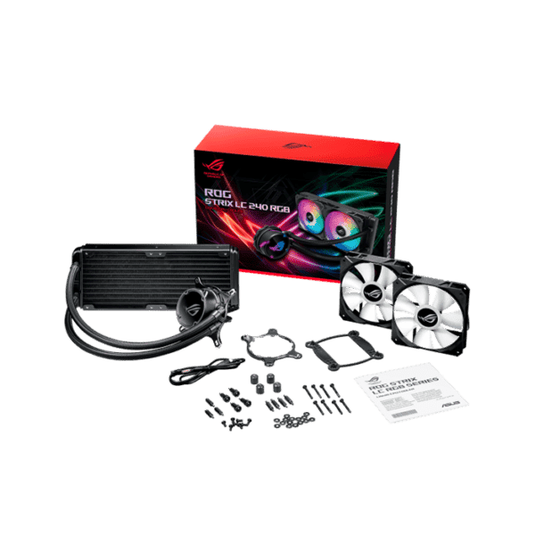 Asus ROG Strix LC 240 RGB AIO Liquid CPU Cooler with Aura Sync, and dual ROG 120mm addressable RGB radiator fans