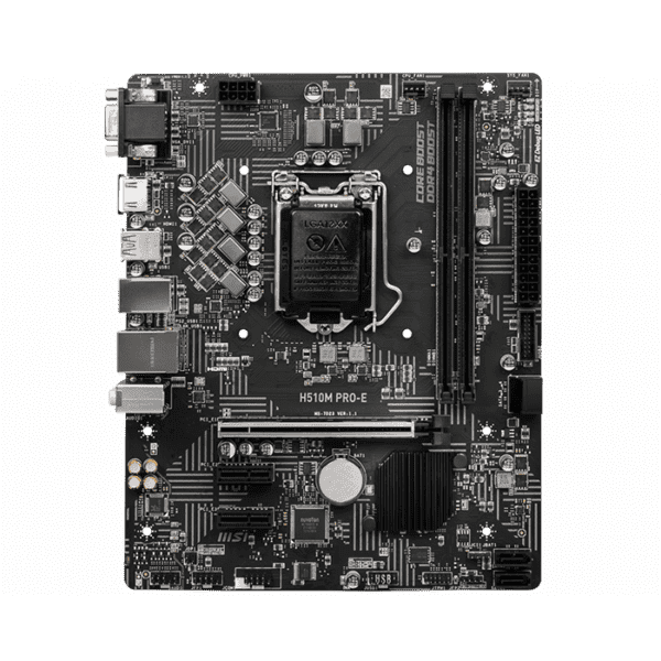 MSI H510M Pro-E Micro ATX DDR4 Motherboard, 11th Gen LGA1200 Socket, H510 Chipset, Realtek RTL8111 Gigabit LAN, 2x DIMMs (3200MHz), 64GB Max Memory, PCIe 4.0 x16, USB 3.2 Gen1, HDMIrd