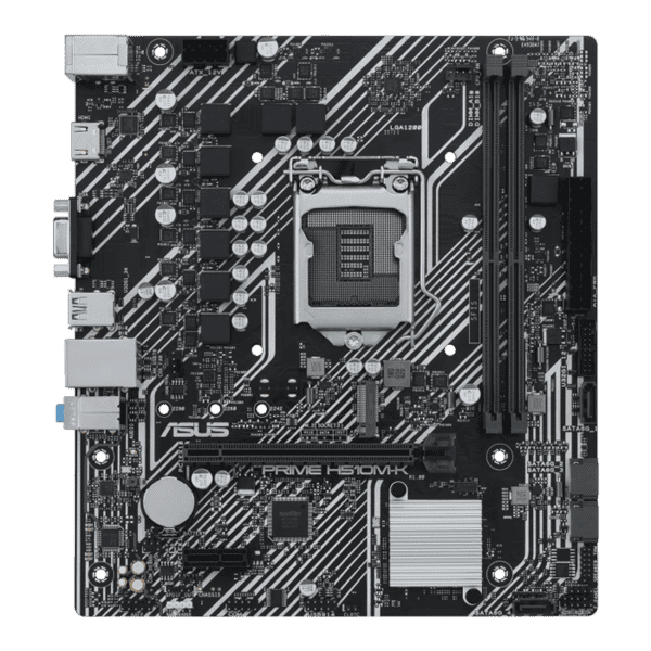 Asus Prime H510M-KIntel® H510 (LGA 1200) micro ATX motherboard with PCIe 4.0, 32Gbps M.2 slot, Intel® 1 Gb Ethernet, HDMI, D-Sub, USB 3.2 Gen 1 Type-A, SATA 6 Gbps, COM header, and RGB header