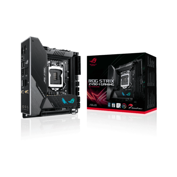 ASUS ROG Strix Z490-I Gaming Intel® Z490 LGA 1200 mini-ITX gaming motherboard featuring 10 Power Stages, DDR4 4800, AI Overclocking, AI Cooling, AI Networking, WiFi 6 (802.11ax), Intel® 2.5 Gb Ethernet, USB 3.2 Gen 2, SATA and AURA Sync RGB lighting