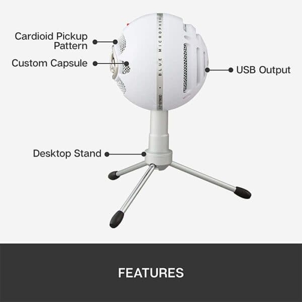 Logitech Blue Snowball Ice USB Microphone, 40-18 kHz Frequency Response, Cardioid Polar Patterns, USB Cable, For Recording / Streaming / Podcasting, White