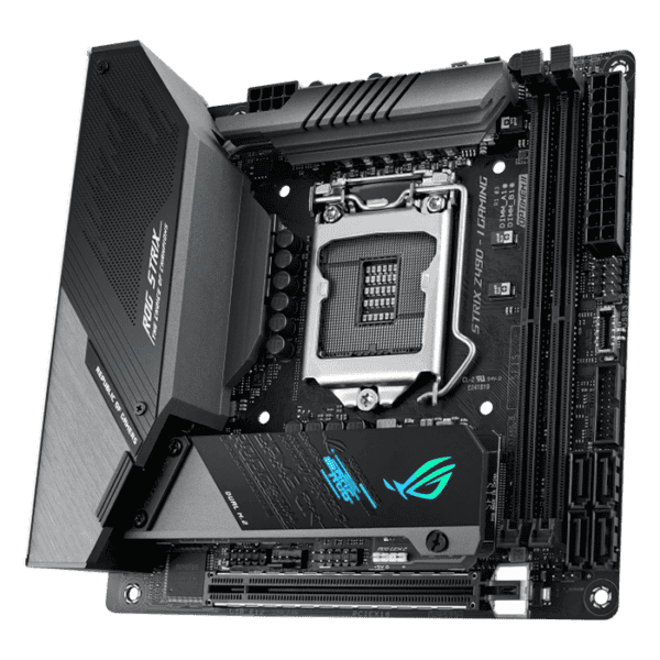 ASUS ROG Strix Z490-I Gaming Intel® Z490 LGA 1200 mini-ITX gaming motherboard featuring 10 Power Stages, DDR4 4800, AI Overclocking, AI Cooling, AI Networking, WiFi 6 (802.11ax), Intel® 2.5 Gb Ethernet, USB 3.2 Gen 2, SATA and AURA Sync RGB lighting