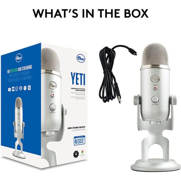 Logitech Blue Yeti USB Microphone, 120 dB Sensitivity, Corded USB, For Podcasting / Streaming / ASMR & More, Broadcast Quality 48 kHz / 16-Bit Audio, Silver