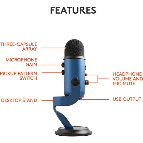 Logitech Blue Yeti USB Microphone, 120 dB Sensitivity, Corded USB, For Podcasting / Streaming / ASMR & More, Broadcast Quality 48 kHz / 16-Bit Audio, Midnight Blue