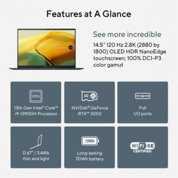 ASUS ZENBOOK 14 UX3404VC-OLEDI9SG | Intel i9 13900H, 16GB RAM, 1TB SSD, 14.5"OLED 2.8K (2880x1800), 4GB NVIDIA RTX3050, Win11 Home, Eng-Arabic K/B, Sandstone Beige