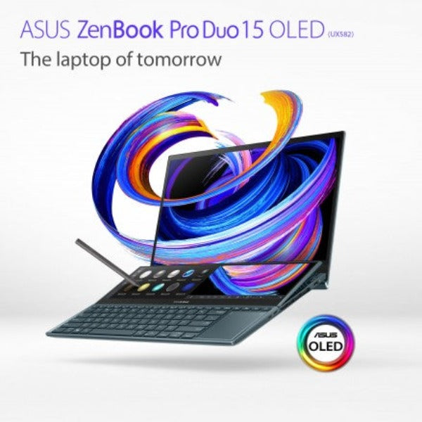 ASUS ZENBOOK PRO DUO UX582ZW-OLED209W | Intel Core i9-12900H 1.80 Gz, 32GB RAM, 1TB SSD, 8GB NVIDIA RTX 3070TI, 15.6" 4K UHD OLED Touchscreen, 14" 4K Screenpad, WiFI, Bluetooth, Camera, Win 11 Home, Eng-Arb Keyboard, Blue Color+ASUS Sleeve & Stylus Pen