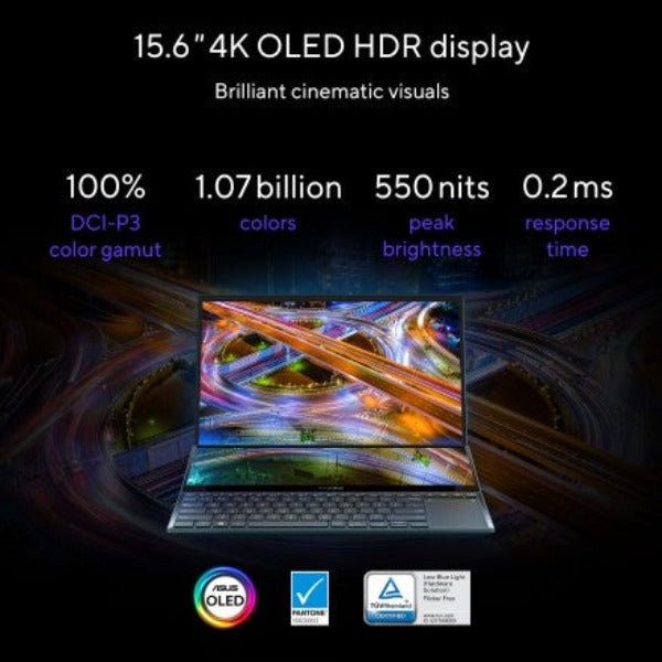 ASUS ZENBOOK PRO DUO UX582ZW-OLED209W | Intel Core i9-12900H 1.80 Gz, 32GB RAM, 1TB SSD, 8GB NVIDIA RTX 3070TI, 15.6" 4K UHD OLED Touchscreen, 14" 4K Screenpad, WiFI, Bluetooth, Camera, Win 11 Home, Eng-Arb Keyboard, Blue Color+ASUS Sleeve & Stylus Pen