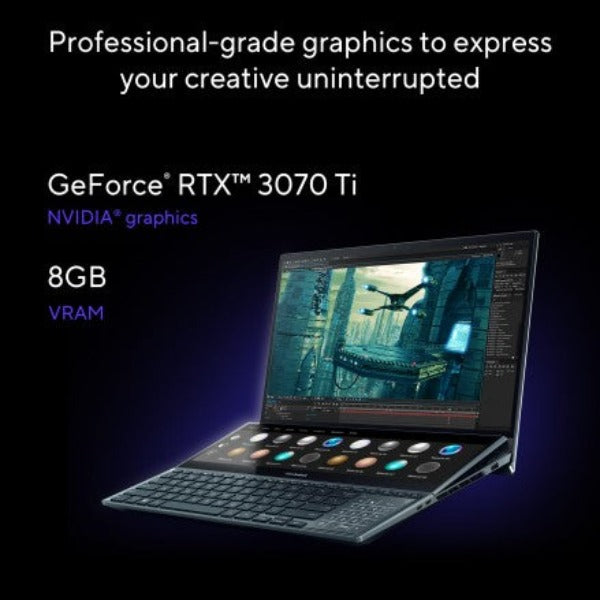 ASUS ZENBOOK PRO DUO UX582ZW-OLED209W | Intel Core i9-12900H 1.80 Gz, 32GB RAM, 1TB SSD, 8GB NVIDIA RTX 3070TI, 15.6" 4K UHD OLED Touchscreen, 14" 4K Screenpad, WiFI, Bluetooth, Camera, Win 11 Home, Eng-Arb Keyboard, Blue Color+ASUS Sleeve & Stylus Pen
