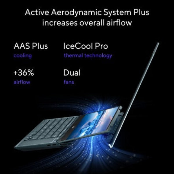 ASUS ZENBOOK PRO DUO UX582ZW-OLED209W | Intel Core i9-12900H 1.80 Gz, 32GB RAM, 1TB SSD, 8GB NVIDIA RTX 3070TI, 15.6" 4K UHD OLED Touchscreen, 14" 4K Screenpad, WiFI, Bluetooth, Camera, Win 11 Home, Eng-Arb Keyboard, Blue Color+ASUS Sleeve & Stylus Pen