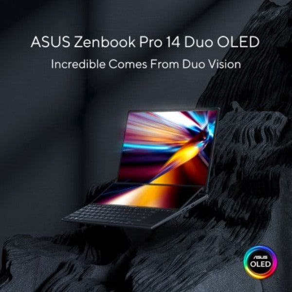 Asus Zenbook Pro 14 Duo OLED UX8402 (2023) Laptop – 13th Gen / Intel Core i9-13900H / 14.5inch 2.8K / 1TB SSD / 32GB RAM / 8GB NVIDIA GeForce RTX 4060 Graphics / Win 11 Home / English & Arabic Keyboard / Black / Middle East Version