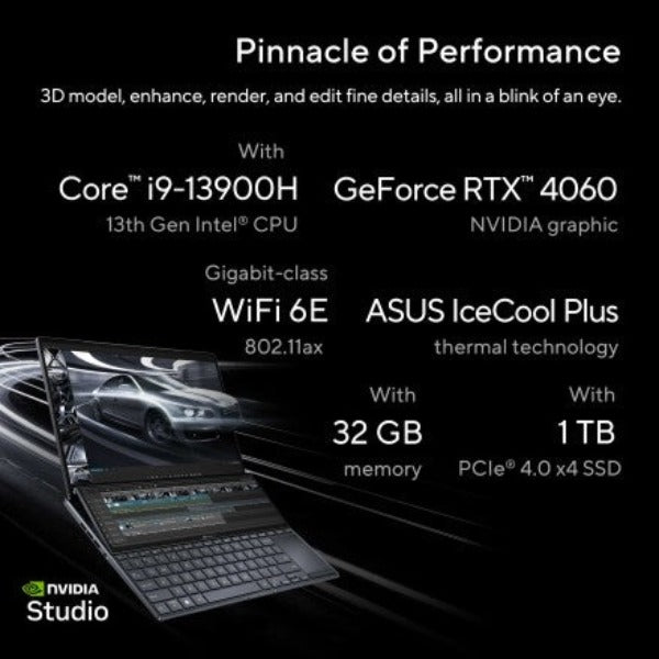 Asus Zenbook Pro 14 Duo OLED UX8402 (2023) Laptop – 13th Gen / Intel Core i9-13900H / 14.5inch 2.8K / 1TB SSD / 32GB RAM / 8GB NVIDIA GeForce RTX 4060 Graphics / Win 11 Home / English & Arabic Keyboard / Black / Middle East Version