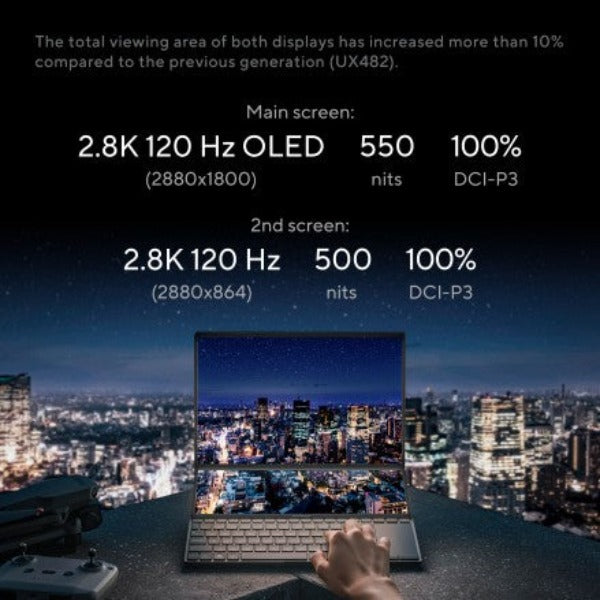 Asus Zenbook Pro 14 Duo OLED UX8402 (2023) Laptop – 13th Gen / Intel Core i9-13900H / 14.5inch 2.8K / 1TB SSD / 32GB RAM / 8GB NVIDIA GeForce RTX 4060 Graphics / Win 11 Home / English & Arabic Keyboard / Black / Middle East Version