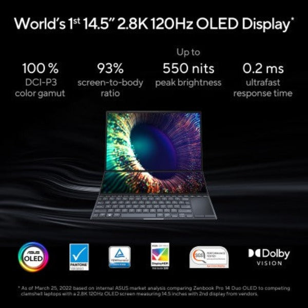 Asus Zenbook Pro 14 Duo OLED UX8402 (2023) Laptop – 13th Gen / Intel Core i9-13900H / 14.5inch 2.8K / 1TB SSD / 32GB RAM / 8GB NVIDIA GeForce RTX 4060 Graphics / Win 11 Home / English & Arabic Keyboard / Black / Middle East Version