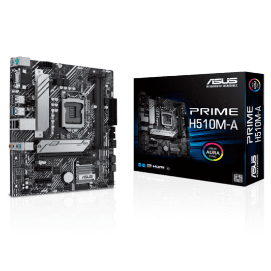 Asus Prime H510M-A Intel® H510 (LGA 1200) micro ATX motherboard with PCIe 4.0, 32Gbps M.2 slot, Intel® 1 Gb Ethernet, DisplayPort, HDMI, D-Sub, USB 3.2 Gen 1 Type-A, SATA 6 Gbps, and AURA Addressable Gen 2 headers