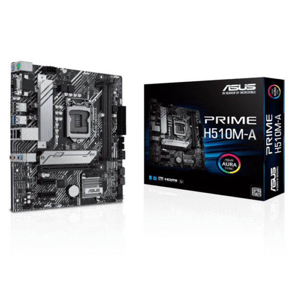 Asus Prime H510M-A Intel® H510 (LGA 1200) micro ATX motherboard with PCIe 4.0, 32Gbps M.2 slot, Intel® 1 Gb Ethernet, DisplayPort, HDMI, D-Sub, USB 3.2 Gen 1 Type-A, SATA 6 Gbps, and AURA Addressable Gen 2 headers