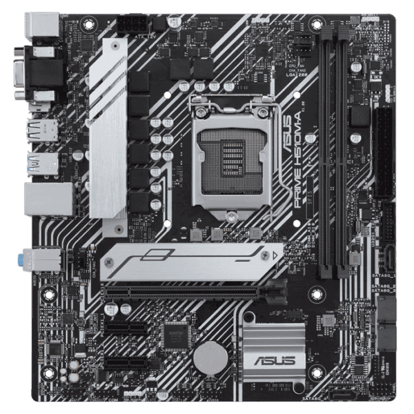 Asus Prime H510M-A Intel® H510 (LGA 1200) micro ATX motherboard with PCIe 4.0, 32Gbps M.2 slot, Intel® 1 Gb Ethernet, DisplayPort, HDMI, D-Sub, USB 3.2 Gen 1 Type-A, SATA 6 Gbps, and AURA Addressable Gen 2 headers